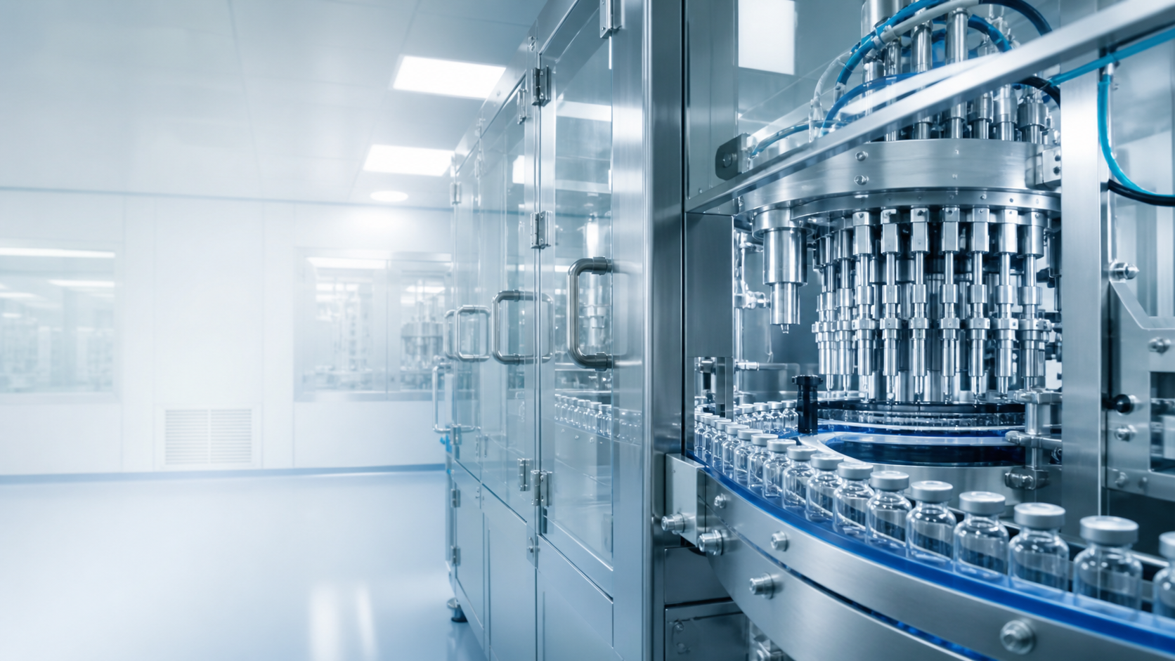 Aseptic vial filling machine in a sterile pharmaceutical cleanroom